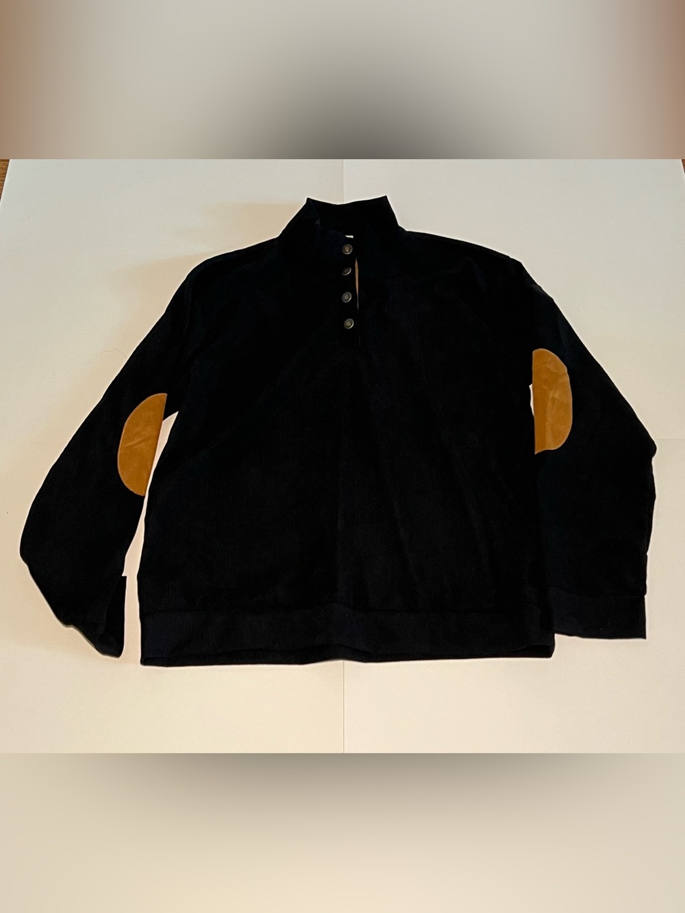 Button-Up Black Pullover with Tan Elbow Patches
